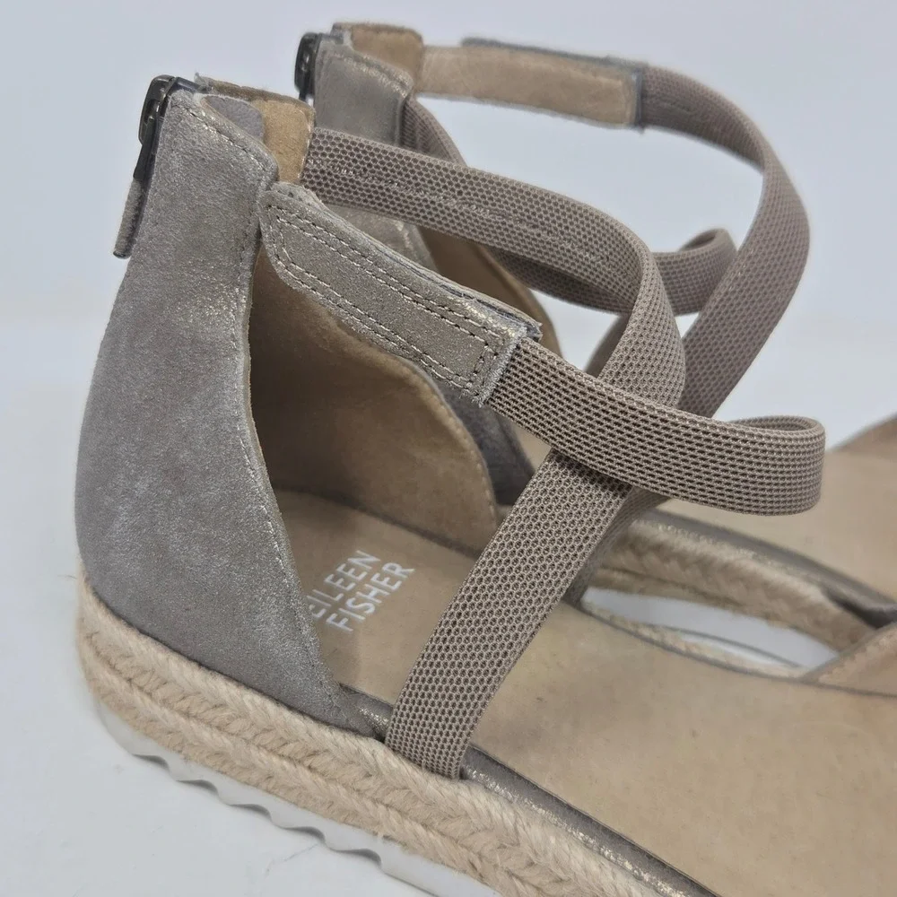 Eileen Fisher Metallic Suede‎ Espadrille Sandals Gold Taupe Ankle Strap Size 7.5